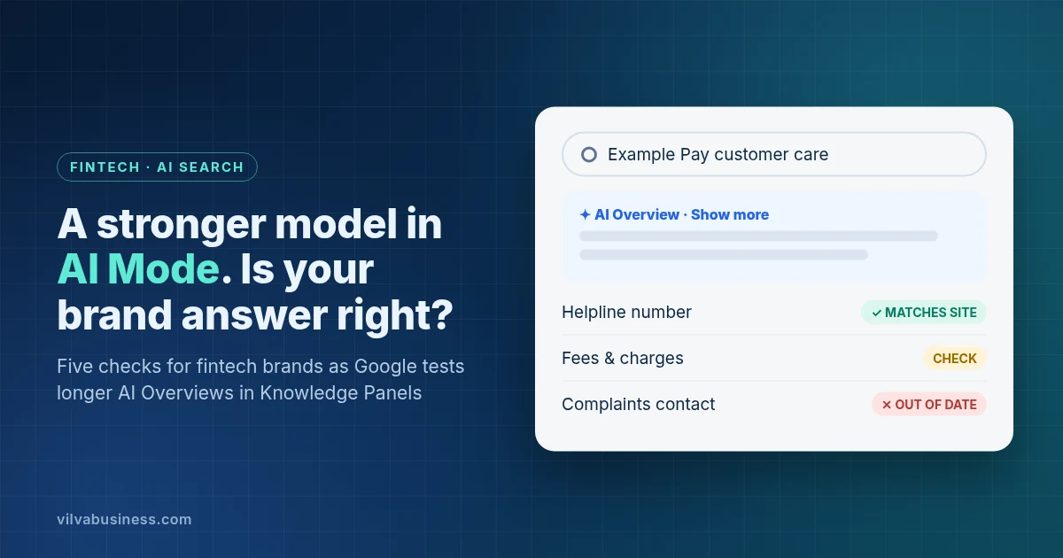 Illustration of a branded search with an AI Overview and three fintech brand checks: helpline, fees, complaints contact
